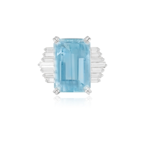 104 - A FINE AQUAMARINE AND DIAMOND RING, FRENCH, CIRCA 1960  The raised and elongated rectangular-cut aqu... 