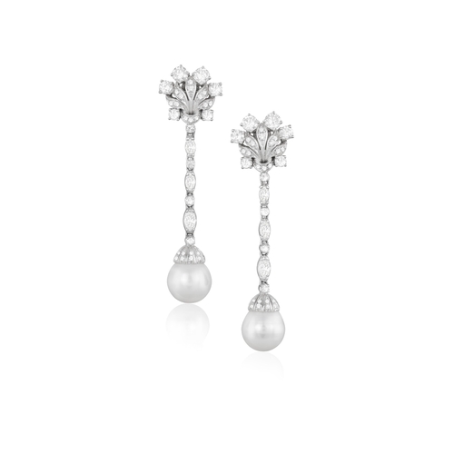 106 - A PAIR OF CULTURED PEARL AND DIAMOND PENDENT EARCLIPS, CIRCA 1960  Each composed of a marquise-shape... 