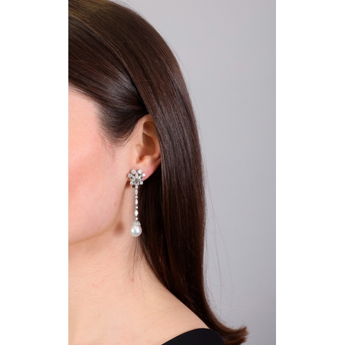 106 - A PAIR OF CULTURED PEARL AND DIAMOND PENDENT EARCLIPS, CIRCA 1960  Each composed of a marquise-shape... 