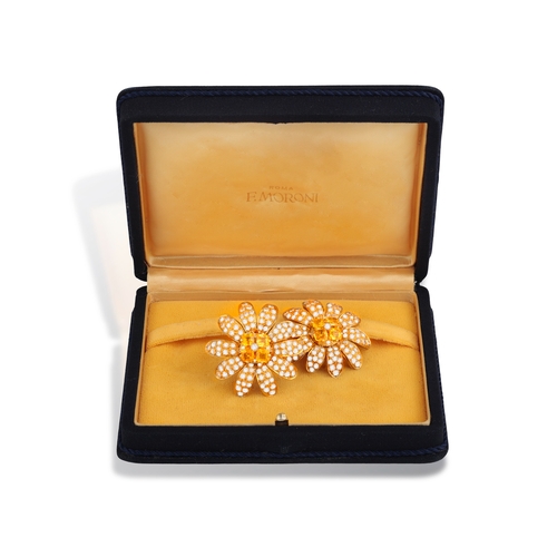 120 - MORONI: A PAIR OF SAPPHIRE AND DIAMOND EARRINGS  Each designed as a daisy, petals pavé-set with bril... 