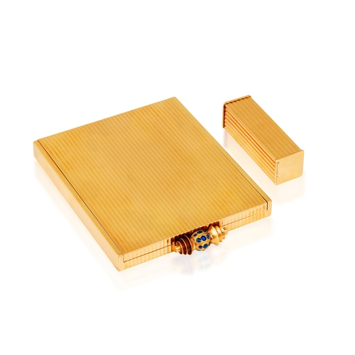 62 - BOUCHERON: A GOLD AND SAPPHIRE COMPACT, WITH MATCHING LIPSTICK HOLDER, CIRCA 1935-40  The rectangula... 