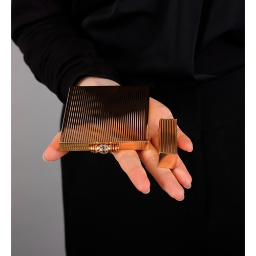 62 - BOUCHERON: A GOLD AND SAPPHIRE COMPACT, WITH MATCHING LIPSTICK HOLDER, CIRCA 1935-40  The rectangula... 