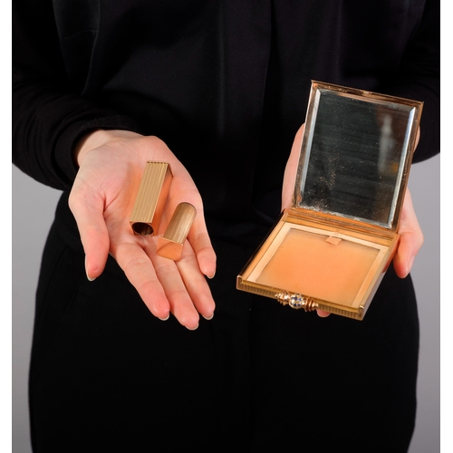 62 - BOUCHERON: A GOLD AND SAPPHIRE COMPACT, WITH MATCHING LIPSTICK HOLDER, CIRCA 1935-40  The rectangula... 
