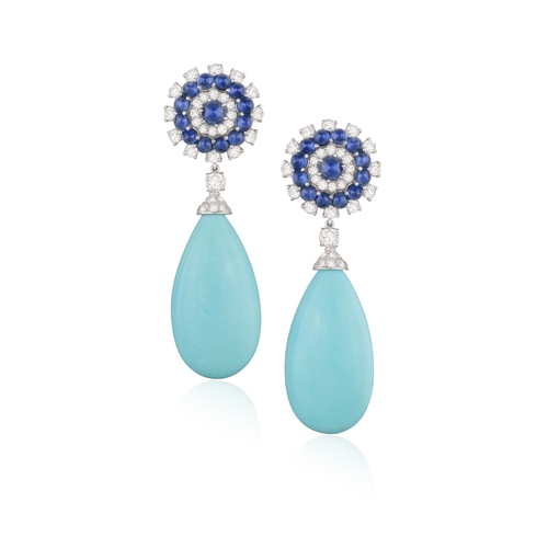 70 - BULGARI: A PAIR OF TURQUOISE, SAPPHIRE AND DIAMOND PENDENT EARCLIPS  Each turquoise drop with brilli... 