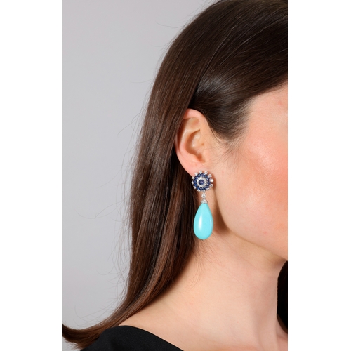 70 - BULGARI: A PAIR OF TURQUOISE, SAPPHIRE AND DIAMOND PENDENT EARCLIPS  Each turquoise drop with brilli... 