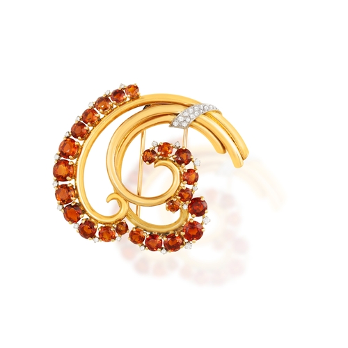 75 - BOUCHERON: A RETRO CITRINE AND DIAMOND BROOCH, CIRCA 1940  Of foliate design, the triple gold and ci... 