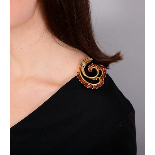 75 - BOUCHERON: A RETRO CITRINE AND DIAMOND BROOCH, CIRCA 1940  Of foliate design, the triple gold and ci... 