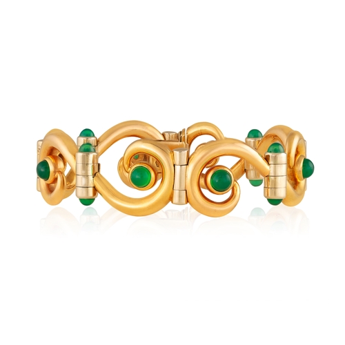 76 - CARLO WEINGRILL: A RETRO CHRYSOPRASE BRACELET, ITALIAN, CIRCA 1955  Of continuous scrolling design, ... 