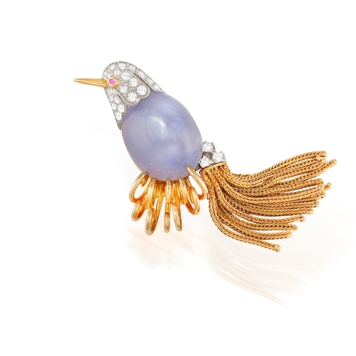 78 - A GEM-SET NOVELTY PENDANT, FRENCH, CIRCA 1960  The stylised bird with an oval-shaped star sapphire b... 