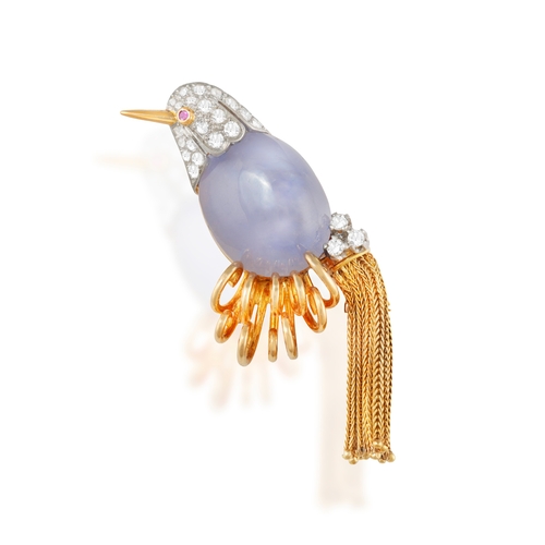 78 - A GEM-SET NOVELTY PENDANT, FRENCH, CIRCA 1960  The stylised bird with an oval-shaped star sapphire b... 