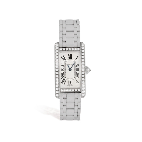 87 - CARTIER: A LADY'S 18K GOLD AND DIAMOND-SET 'TANK AMÉRICAINE' BRACELET WATCH  The 4-jewel Cal-157 qua... 