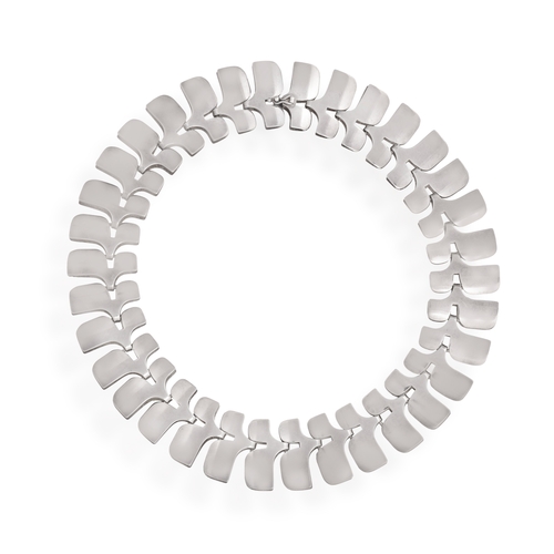 91 - GEORG JENSEN, DESIGNED BY IBE DAHLQUIST: A SILVER NECKLACE, CIRCA 1960  Composed of fancy fold-over ... 