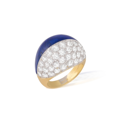 95 - M. GÉRARD: A COLLECTIBLE LAPIS LAZULI AND DIAMOND DRESS RING, CIRCA 1975  Of bombé design, the front... 