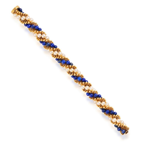 96 - VAN CLEEF & ARPELS: A LAPIS LAZULI, CULTURED PEARL AND GOLD 'TWIST' BRACELET, CIRCA 1965  Of twist r... 