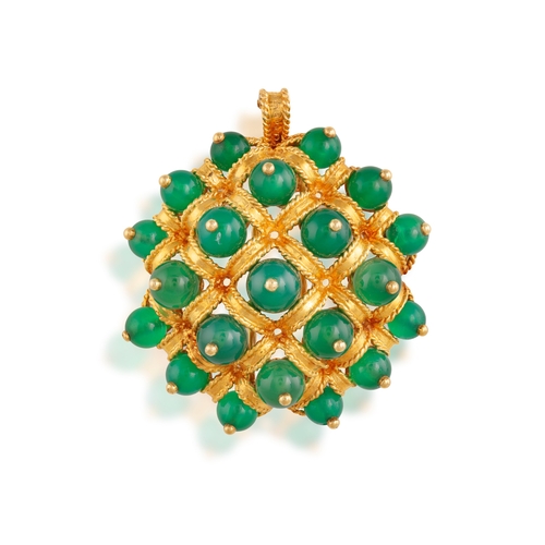 97 - VAN CLEEF & ARPELS: A CHRYSOPRASE PENDANT/BROOCH, CIRCA 1965-70  Of openwork lattice design, set thr... 