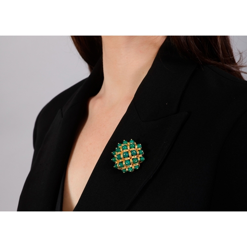 97 - VAN CLEEF & ARPELS: A CHRYSOPRASE PENDANT/BROOCH, CIRCA 1965-70  Of openwork lattice design, set thr... 