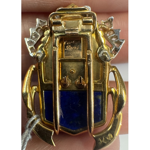 65 - CARTIER: A RARE AND COLLECTIBLE LAPIS LAZULI, TURQUOISE AND DIAMOND NOVELTY CLIP BROOCH, CIRCA 1945 ... 