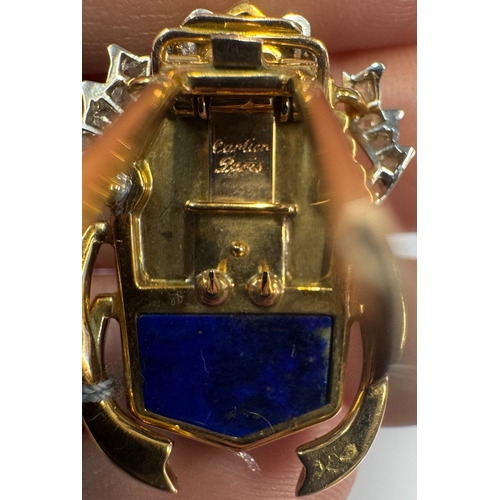 65 - CARTIER: A RARE AND COLLECTIBLE LAPIS LAZULI, TURQUOISE AND DIAMOND NOVELTY CLIP BROOCH, CIRCA 1945 ... 