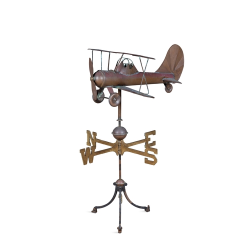 A COPPER AND WROUGHT IRON AIRPLANE WEATHER VANE, the propeller plane ...