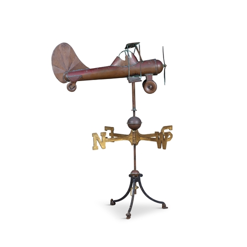 A COPPER AND WROUGHT IRON AIRPLANE WEATHER VANE, the propeller plane ...