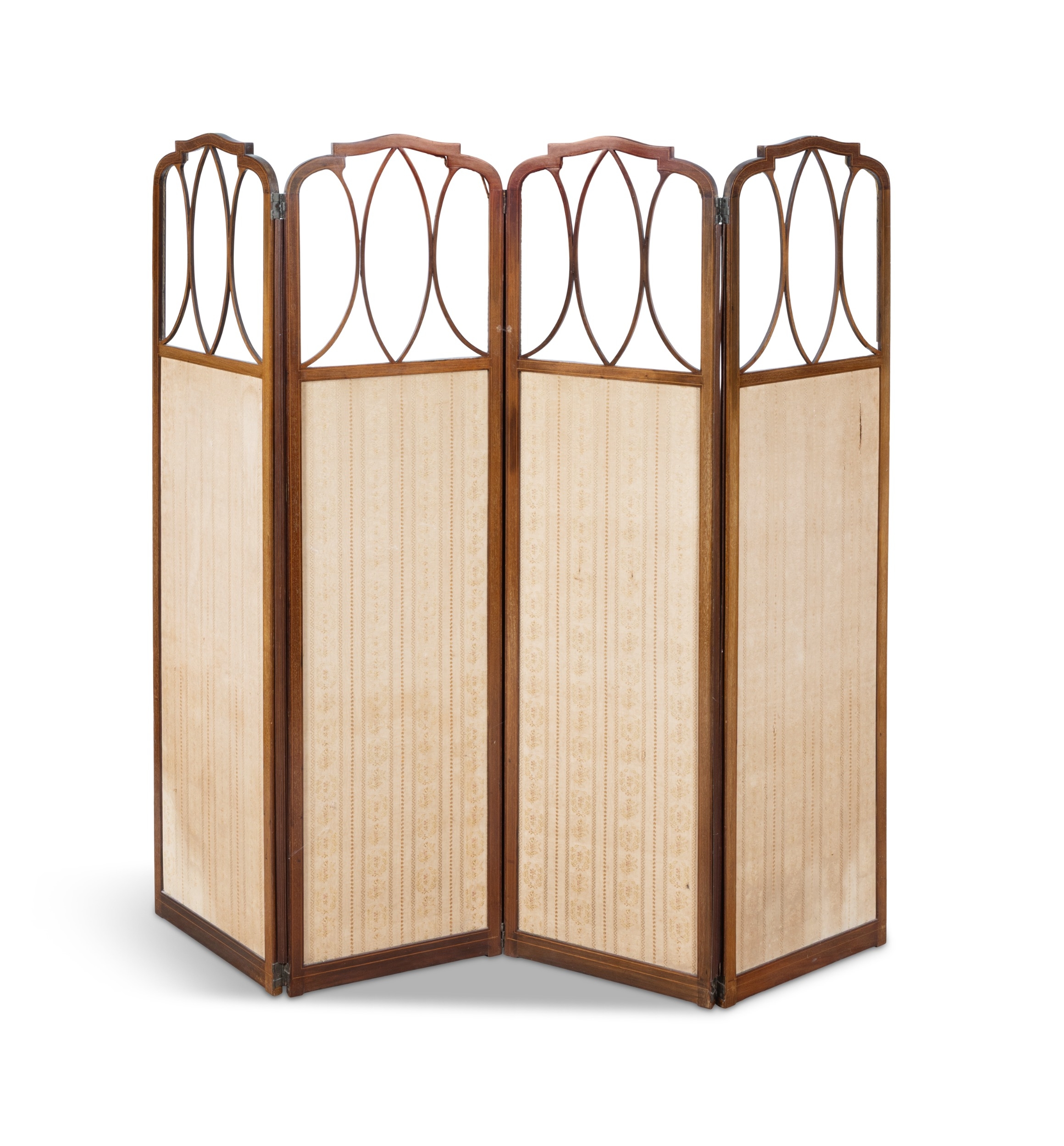 AN EDWARDIAN INLAID MAHOGANY FOUR FOLD SCREEN the upright panels lined ...