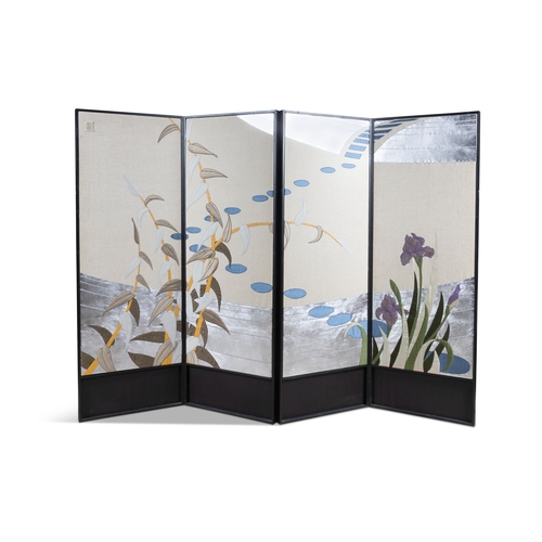 100 - PATRICIA JORGENSEN (B.1936)  'Stepping stones' folding screen  Applique and embroidery using silks, ... 