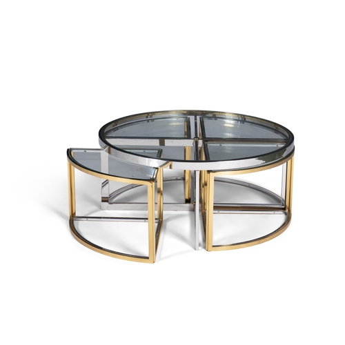103 - TABLE  A gilt metal and chrome circular glass-topped coffee table with a nest of four tables. Italy,... 