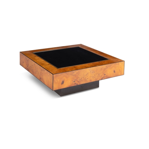 140 - COFFEE TABLE  A burl walnut coffee table with smoked glass top and brass trim. Italy, c.1970. 83 ... 