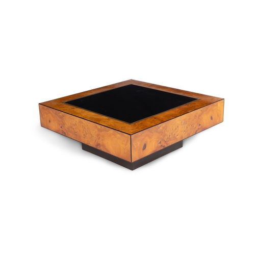 140 - COFFEE TABLE  A burl walnut coffee table with smoked glass top and brass trim. Italy, c.1970. 83 ... 