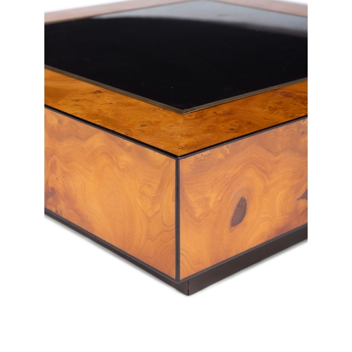 140 - COFFEE TABLE  A burl walnut coffee table with smoked glass top and brass trim. Italy, c.1970. 83 ... 