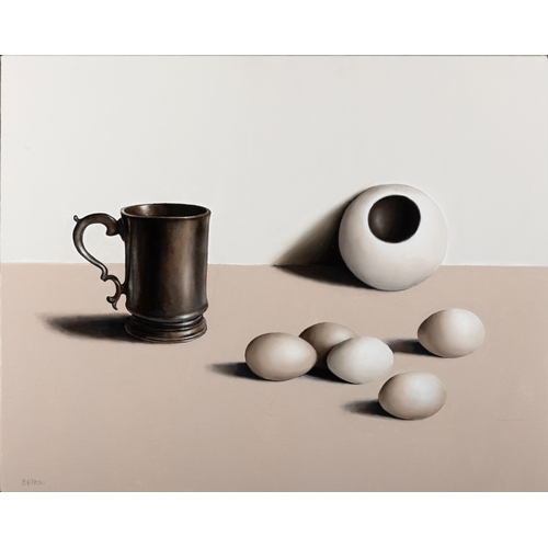 15 - LIAM BELTON RHA (B.1947)  Pewter Tankard with Five Eggs Oil on canvas, 41 x 51cm  Signed