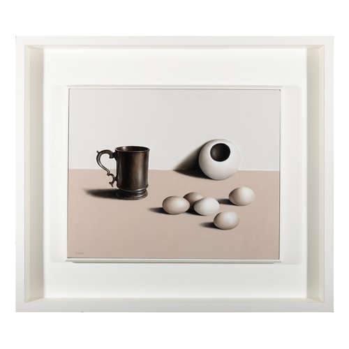 15 - LIAM BELTON RHA (B.1947)  Pewter Tankard with Five Eggs Oil on canvas, 41 x 51cm  Signed