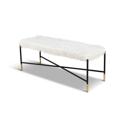 151 - BENCH  An upholstered bench with metal base with gilt metal detailing. 125 x 45 x 50cm (H)