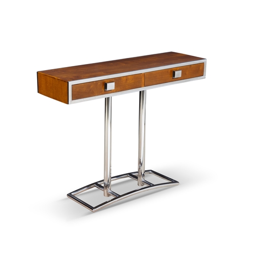 161 - CONSOLE  A two-drawer console. Walnut and chrome. France. 100 x 30.5 x 78cm (h)