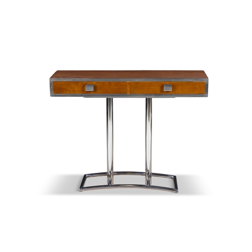 161 - CONSOLE  A two-drawer console. Walnut and chrome. France. 100 x 30.5 x 78cm (h)