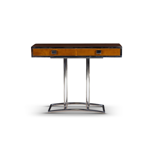 161 - CONSOLE  A two-drawer console. Walnut and chrome. France. 100 x 30.5 x 78cm (h)