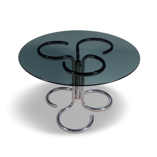 168 - TABLE  A circular smoked glass top table on a chrome base. 119cm (d) x 73cm (h)