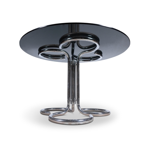 168 - TABLE  A circular smoked glass top table on a chrome base. 119cm (d) x 73cm (h)