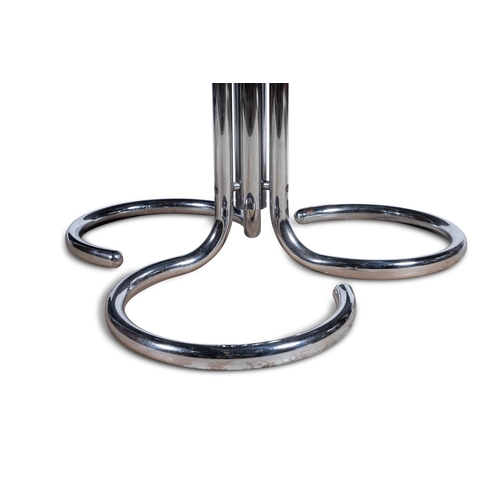 168 - TABLE  A circular smoked glass top table on a chrome base. 119cm (d) x 73cm (h)