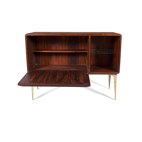 32 - BAR CABINET  A rosewood cabinet on solid brass legs, with a drop down door. Italy, c.1960, 130 x 45 ... 