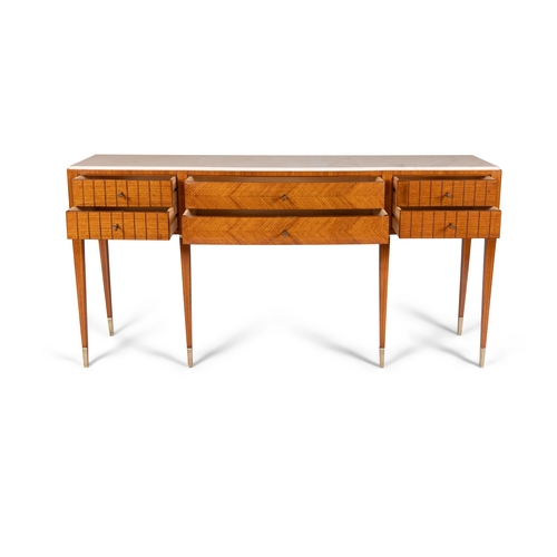 40 - SIDEBOARD  A rosewood sideboard with marble top and six drawers with brass detailing. Italy, c.1950.... 