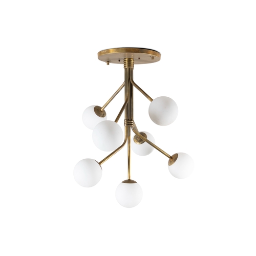 44 - CEILING LIGHT  A brass ceiling light with seven opaque glass shades, 78cm (h)