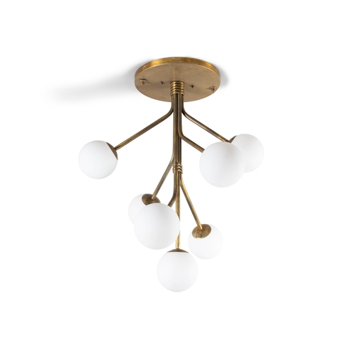 44 - CEILING LIGHT  A brass ceiling light with seven opaque glass shades, 78cm (h)