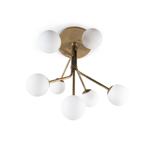 44 - CEILING LIGHT  A brass ceiling light with seven opaque glass shades, 78cm (h)