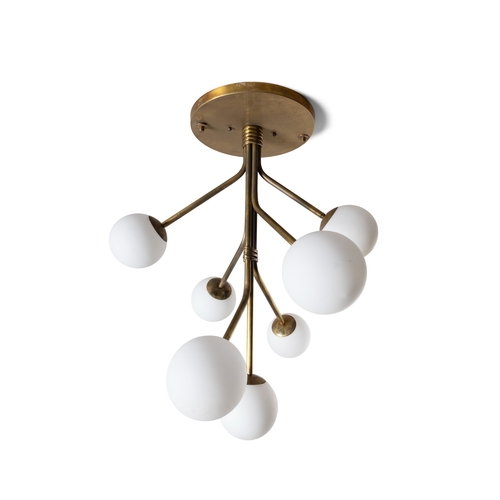 44 - CEILING LIGHT  A brass ceiling light with seven opaque glass shades, 78cm (h)