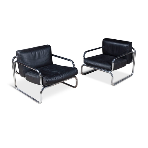 49 - RODNEY KINSMAN (B.1943)  A pair of 'T20MK' chrome and black leather chairs. c.1970. 76 x 80 x 60cm (... 