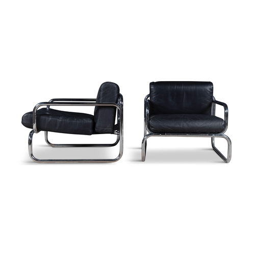 49 - RODNEY KINSMAN (B.1943)  A pair of 'T20MK' chrome and black leather chairs. c.1970. 76 x 80 x 60cm (... 