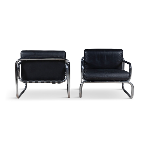 49 - RODNEY KINSMAN (B.1943)  A pair of 'T20MK' chrome and black leather chairs. c.1970. 76 x 80 x 60cm (... 