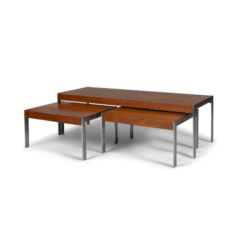 59 - MERROW & ASSOC. Trio nest of tables by Merrow & Associates. Rosewood and chrome. c.1970. 123.5 x 45 ... 