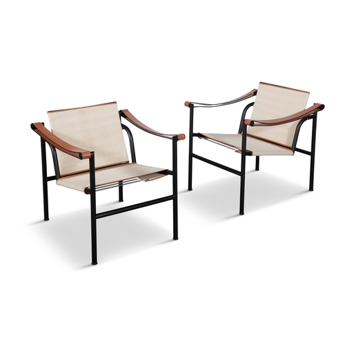 82 - LE CORBUSIER (1887-1965)  A pair of LC1 armchairs by Le Corbusier, brown leather armrests, black chr... 